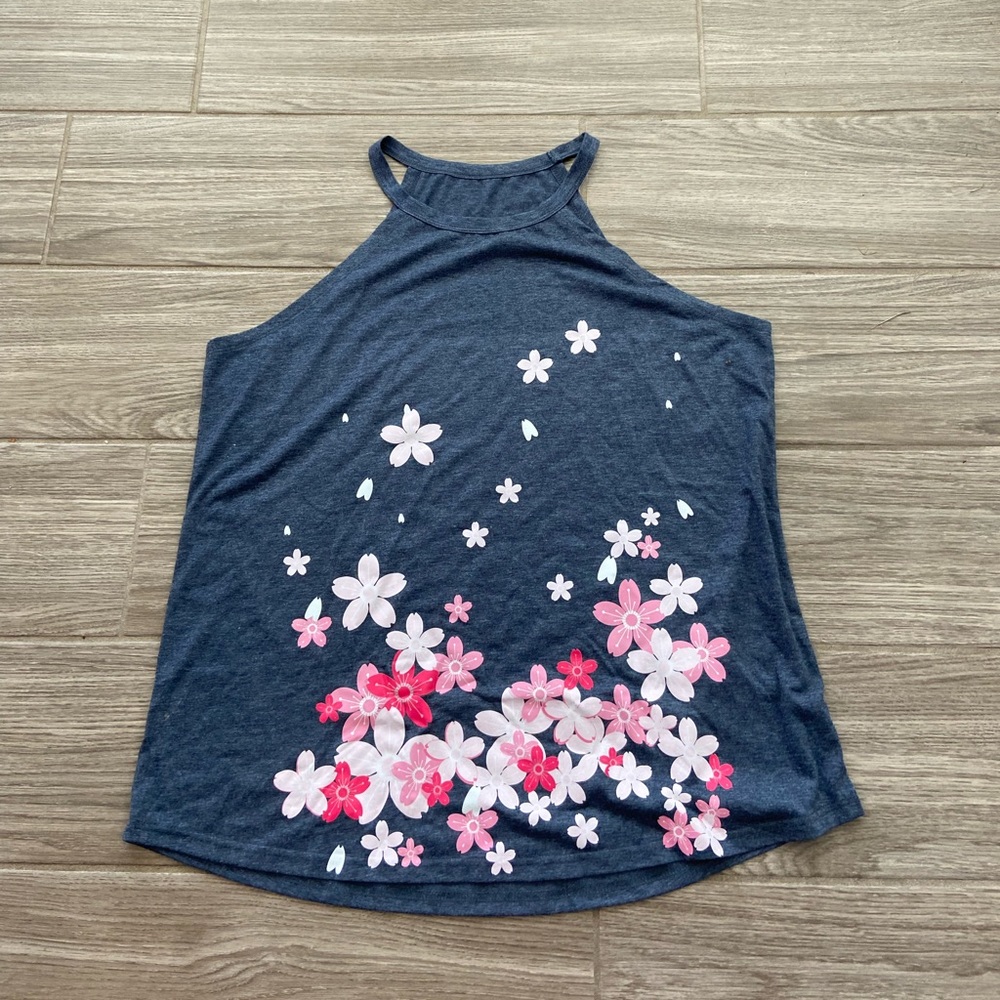 🔥3 for $5 Gray High Neck Tank Top Pink Floral Graphic Design Top Blouse